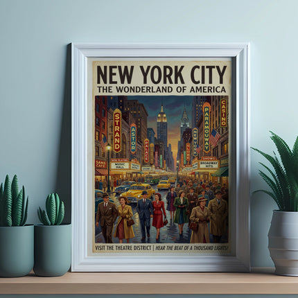 New York City Theatre District poster with vintage cars and pedestrians.