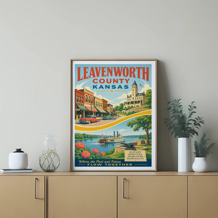 Leavenworth County, Kansas vintage travel poster with town scene and river.