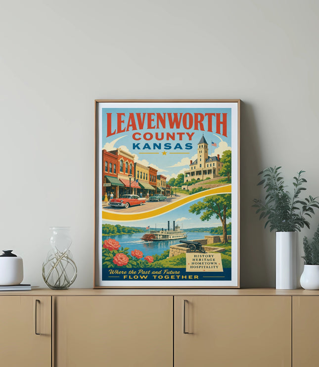 Leavenworth County, Kansas vintage travel poster with town scene and river.