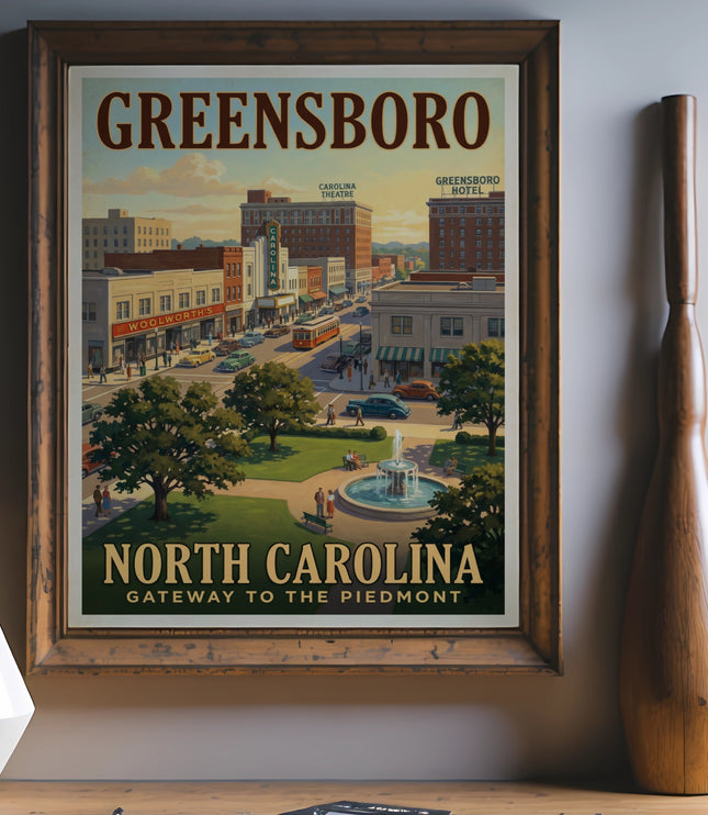 Greensboro, North Carolina vintage travel poster showing downtown with Woolworth's and Carolina Theatre.