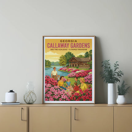 Callaway Gardens Georgia poster with families enjoying blooming azaleas and a lake.