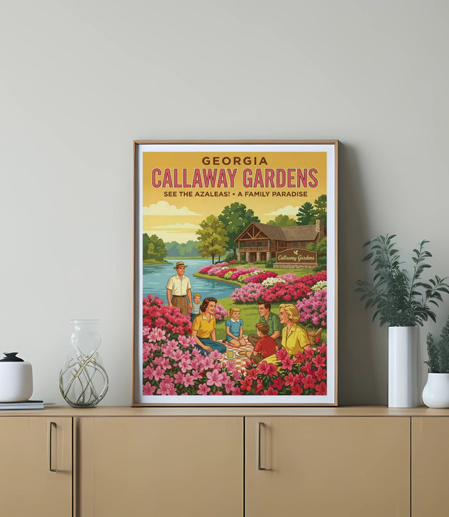 Callaway Gardens Georgia poster with families enjoying blooming azaleas and a lake.