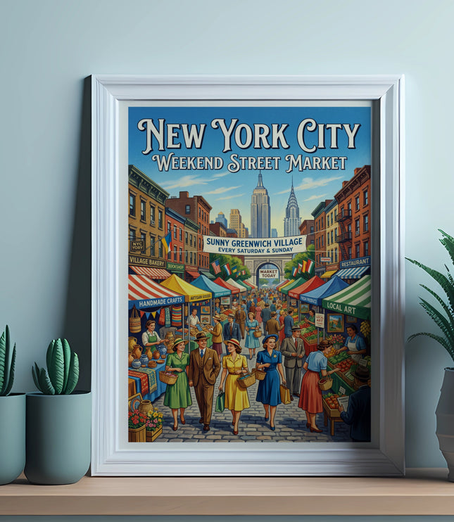 New York City Weekend Street Market vintage poster with shops and people.