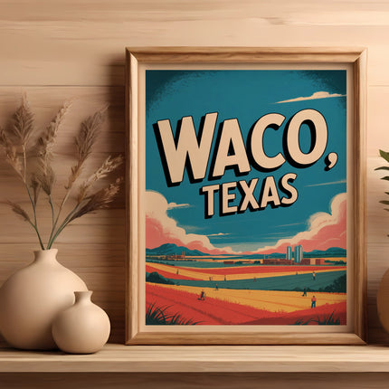 Framed "Waco, Texas" travel poster with rural landscape and vases on a shelf.
