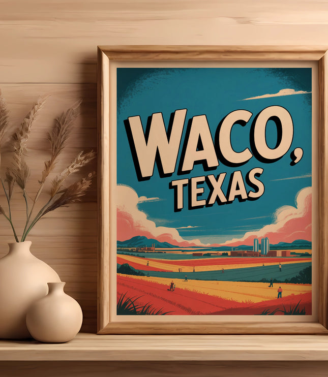 Framed "Waco, Texas" travel poster with rural landscape and vases on a shelf.