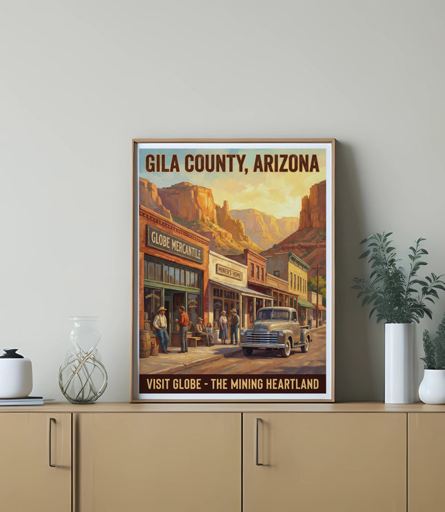 Vintage poster of a classic truck in front of Globe Mercantile and Miner's Home buildings.
