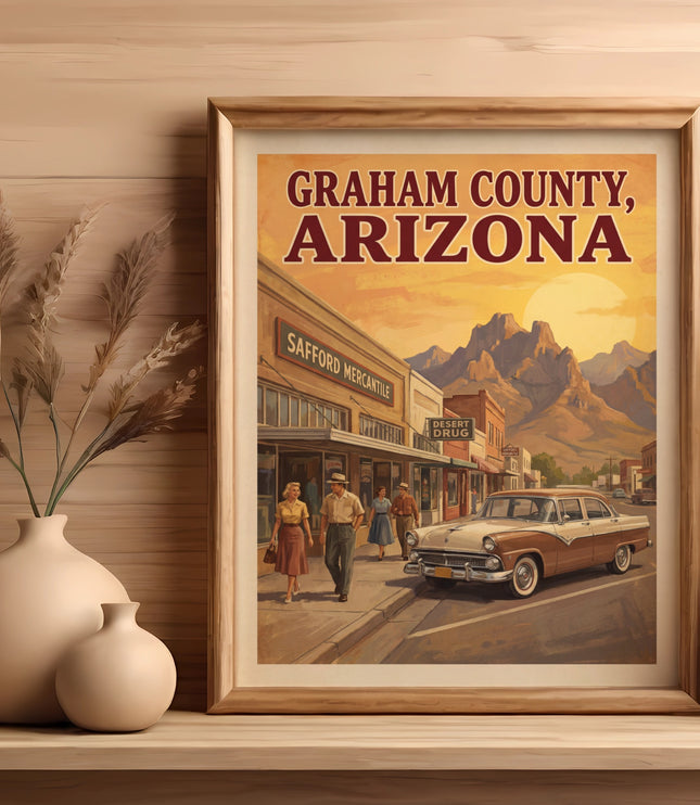 Poster showing Graham County, Arizona with retro car and buildings.