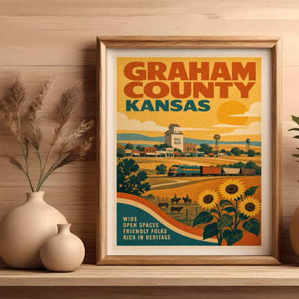 Vintage Graham County, Kansas travel poster with sunflowers and train.