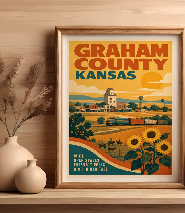 Vintage Graham County, Kansas travel poster with sunflowers and train.