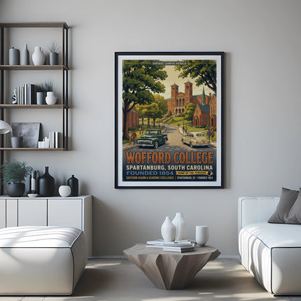 Wofford College Spartanburg South Carolina vintage poster with campus buildings and cars.