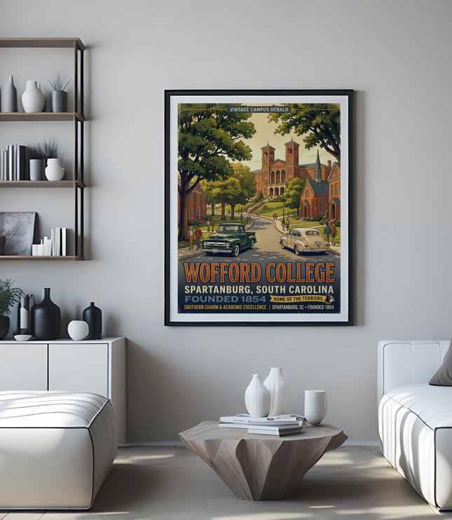 Wofford College Spartanburg South Carolina vintage poster with campus buildings and cars.