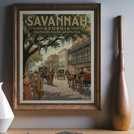 Vintage Savannah, Georgia travel poster with people and horse-drawn carriages.