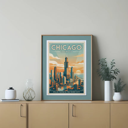 Framed Chicago Illinois skyline art with "Willis Tower & The Windy City" text.