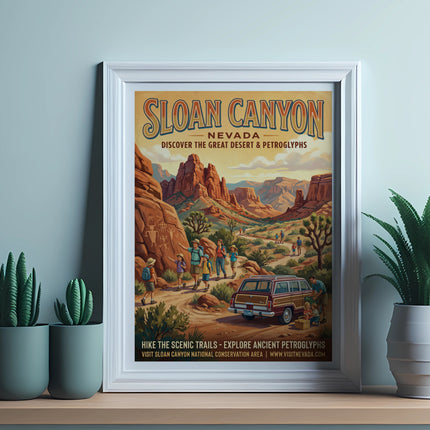 Sloan Canyon Nevada poster with desert landscape, petroglyphs, and vintage van.