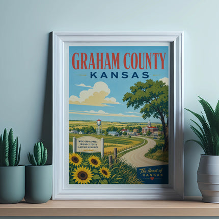 Framed poster for Graham County, Kansas with sunflowers and farm landscape.