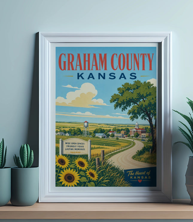 Framed poster for Graham County, Kansas with sunflowers and farm landscape.