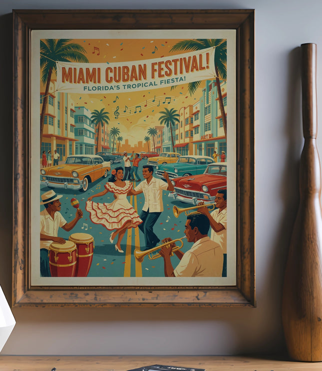 Miami Cuban Festival! Florida's Tropical Fiesta! retro poster with dancing and music.