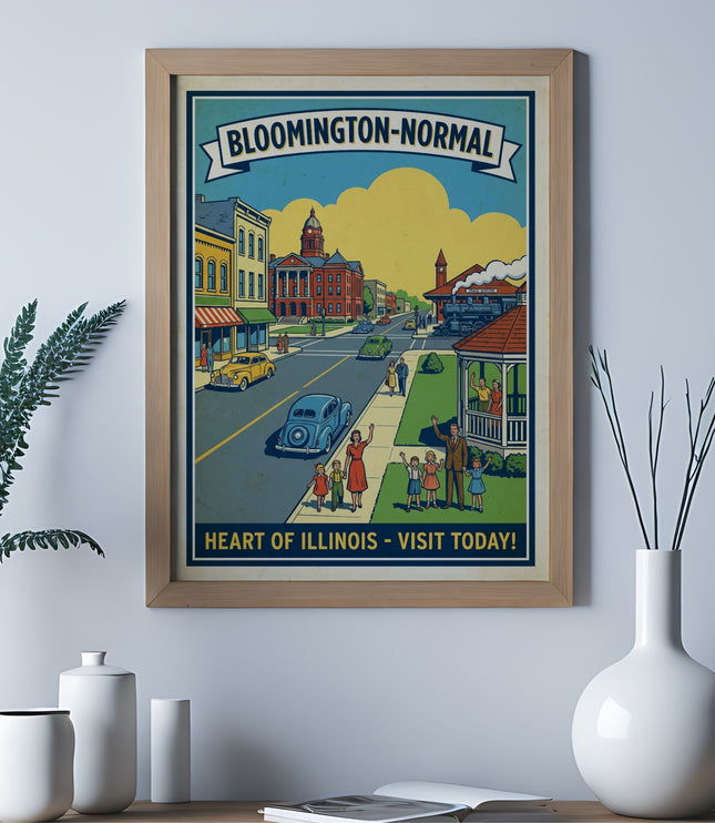 Bloomington-Normal, Heart of Illinois poster with vintage town scene and train.