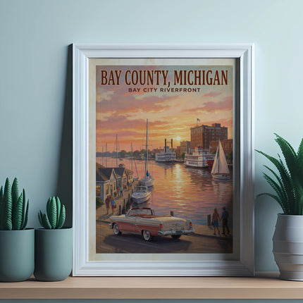Vintage poster of Bay City, Michigan riverfront at sunset with boats and vintage car.