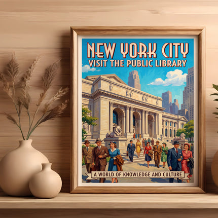 New York City Visit the Public Library poster with people and classical architecture.