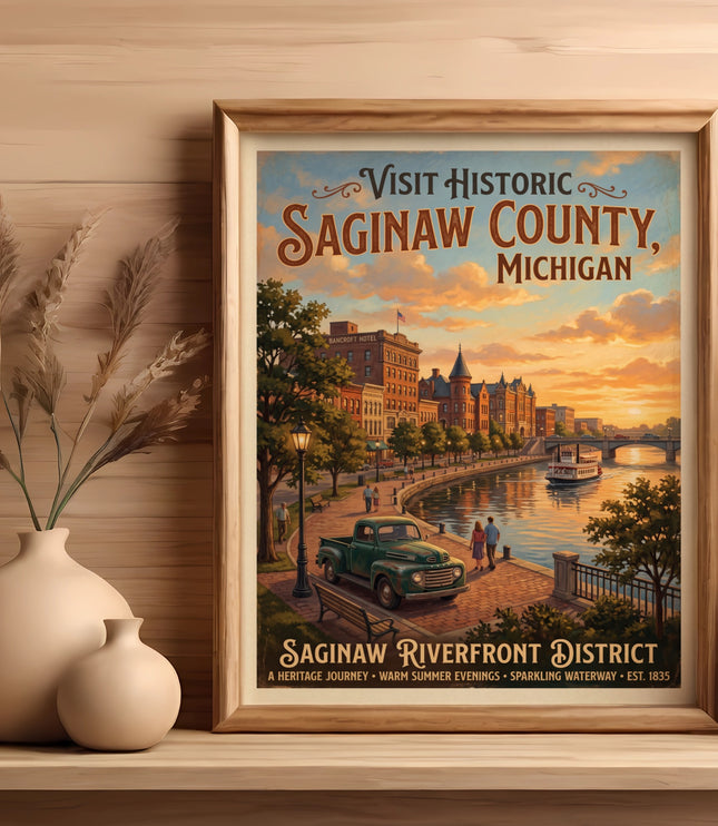 Vintage poster of Saginaw Riverfront District with buildings, boat, truck, and couple.