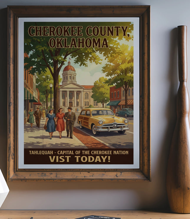 Cherokee County, Oklahoma vintage travel poster with Tahlequah and a classic car.
