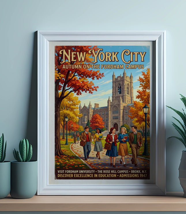 New York City poster of autumn at Fordham University campus, featuring students.