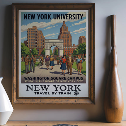 New York University poster with Washington Square Arch and buildings, reads "Study in the heart of New York City."
