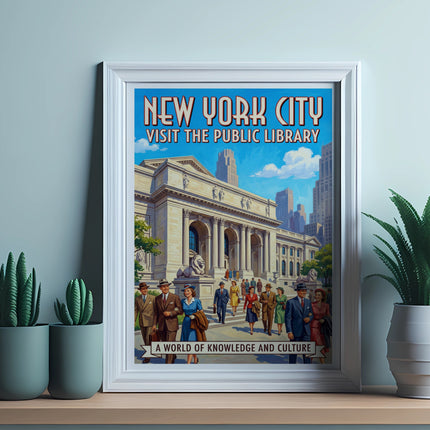 New York City Visit the Public Library poster with people and architecture.