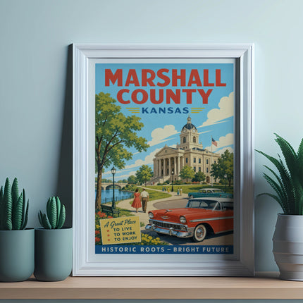 Marshall County, Kansas vintage travel poster featuring courthouse, classic car, and text.