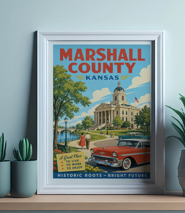 Marshall County, Kansas vintage travel poster featuring courthouse, classic car, and text.