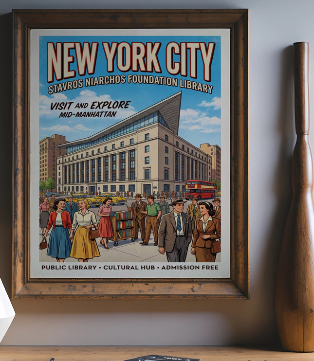 New York City Stavros Niarchos Foundation Library poster with visitors and text.