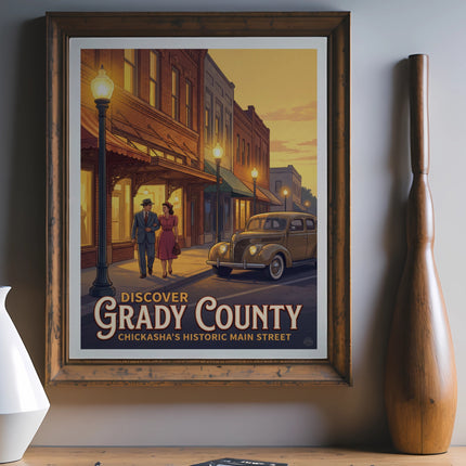 "Discover Grady County" poster with historic main street, couple, and vintage car.