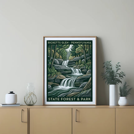 Framed artwork of Ricketts Glen State Park waterfall in Pennsylvania.