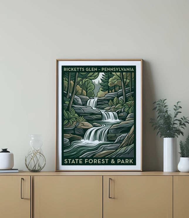 Framed artwork of Ricketts Glen State Park waterfall in Pennsylvania.
