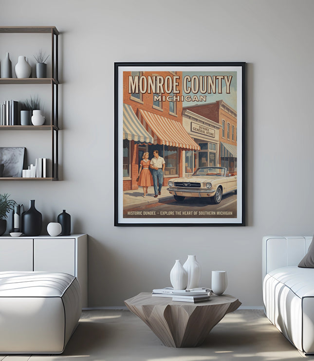 Retro poster of Monroe County Michigan featuring a vintage convertible and couple.