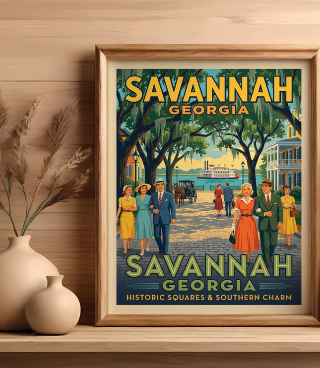 Savannah Georgia, historic squares and southern charm poster with people walking.
