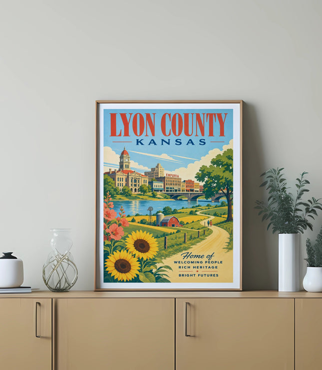 Vintage Lyon County Kansas travel poster with sunflowers and cityscape.