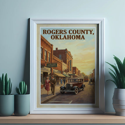 Vintage poster showing "ROGERS COUNTY, OKLAHOMA" with a street scene.