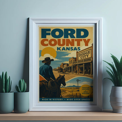 Vintage poster for Ford County, Kansas, featuring Dodge City, a cowboy on horseback.