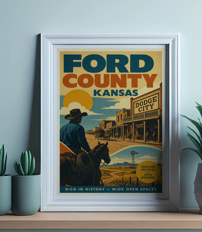Vintage poster for Ford County, Kansas, featuring Dodge City, a cowboy on horseback.