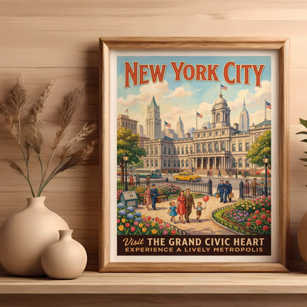 New York City poster with civic building, people, and text "Visit the Grand Civic Metropolis".