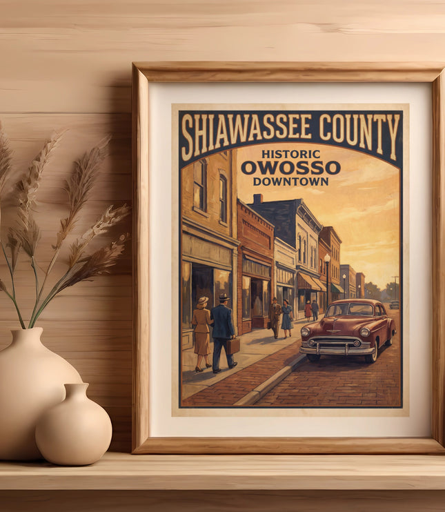 Shiawassee County Historic Owosso Downtown poster with vintage street scene.