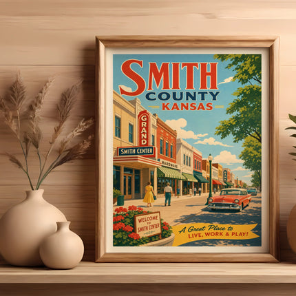 Vintage poster for Smith County, Kansas, featuring Smith Center town scene.