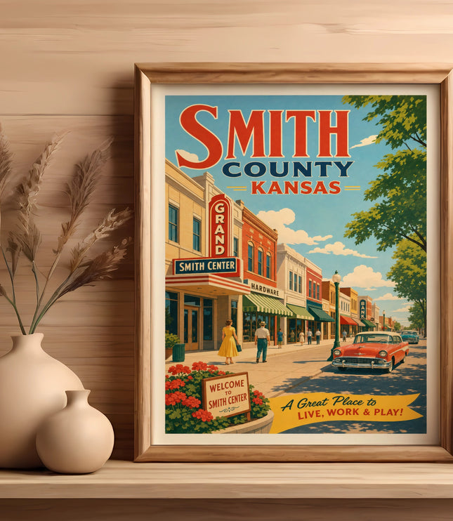 Vintage poster for Smith County, Kansas, featuring Smith Center town scene.