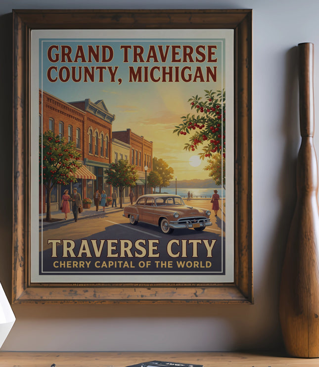 Vintage travel poster of Traverse City, Michigan, showing a street scene with a classic car.