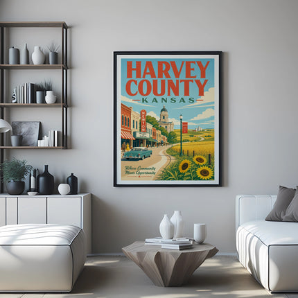 Harvey County Kansas vintage travel poster with sunflowers and a classic car.