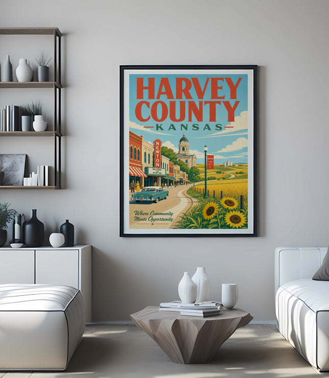 Harvey County Kansas vintage travel poster with sunflowers and a classic car.