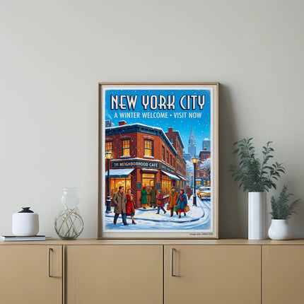 New York City winter scene with "The Neighborhood Cafe" storefront.