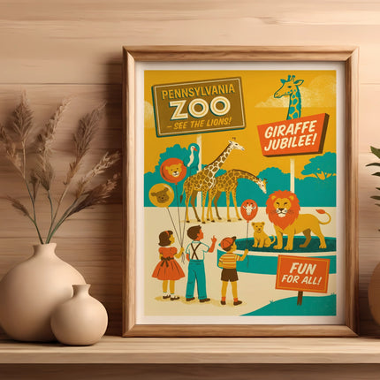 ZOO sign with giraffes, lions, and children, "Giraffe Jubilee" and "Fun for All" text.